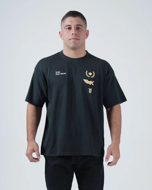 Kingz Player Special Tee - Front View - Gold Lotus Crown and Script Chest Graphics Tainan Dalpra - Black BJJ Tee [color:Black]