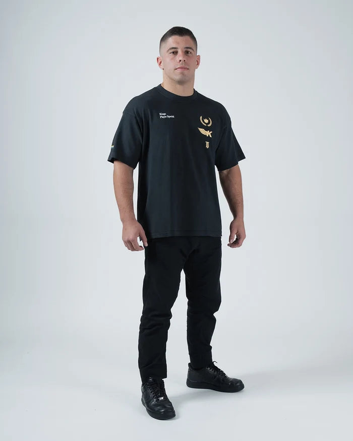 Kingz Player Special Tee - Full Body Lifestyle - Gold Eagle Crown Chest Graphics Black on Black BJJ Limited Edition [color:Black]