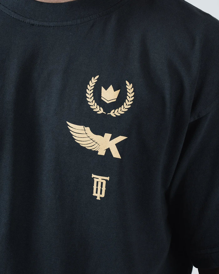 Kingz Player Special Tee - Chest Graphic Macro - Gold Crown Laurel Winged K Eagle TD Monogram - Black BJJ [color:Black]