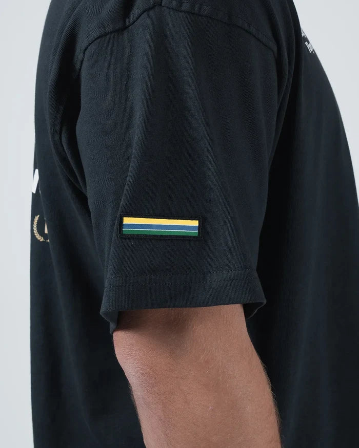 Kingz Player Special Tee - Sleeve Detail Shot - Brazilian Flag Stripe Patch Senna Tribute Sleeve - Black BJJ [color:Black]