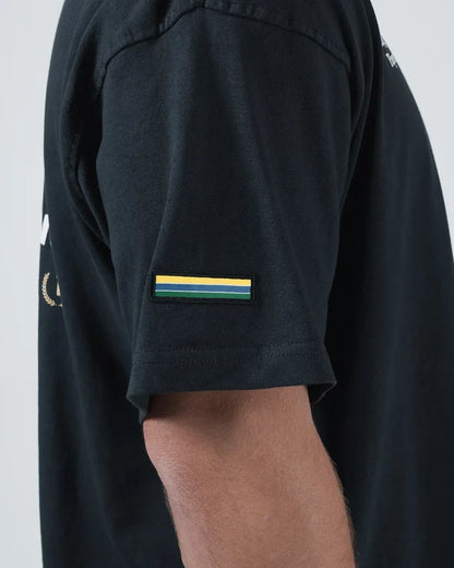 Kingz Player Special Tee - Sleeve Detail Shot - Brazilian Flag Stripe Patch Senna Tribute Sleeve - Black BJJ [color:Black]