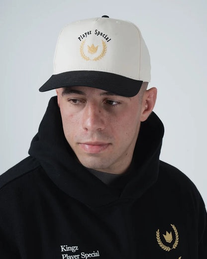 Kingz Player Special Snapback White - Close-Up Front View Male Model Black Brim Gold Laurel Crown Embroidery Player Special Text Contrast Design BJJ Training Apparel [color:White]