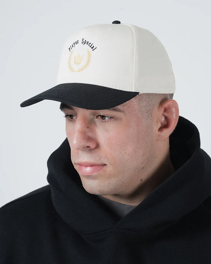 Kingz Player Special Snapback White - Close-Up Side View Male Athlete Black Brim White Crown Embroidery Player Special Text Front Panel Contrast Design Hat BJJ Training Apparel [color:White]