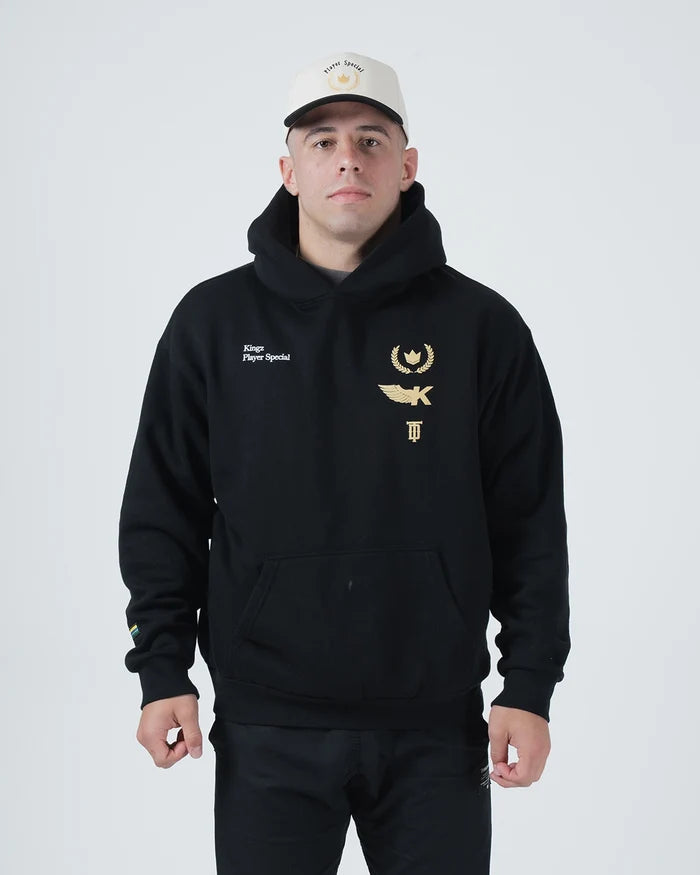 Kingz Player Special Snapback White - Front View Male Athlete White Hat Black Text Gold Crown Logo Centered Casual Wear BJJ Training Hat [color:White]