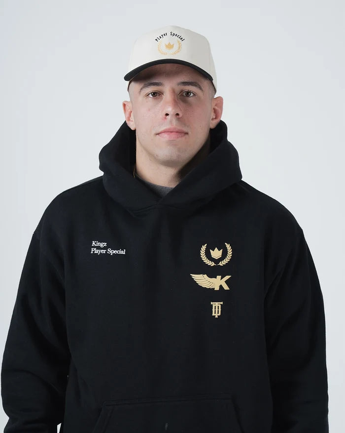 Kingz Player Special Snapback White - Front View Male Athlete Black Hoodie Gold Crown Laurel Embroidery Centered Text Snapback Hat Casual Style BJJ Training Apparel [color:White]