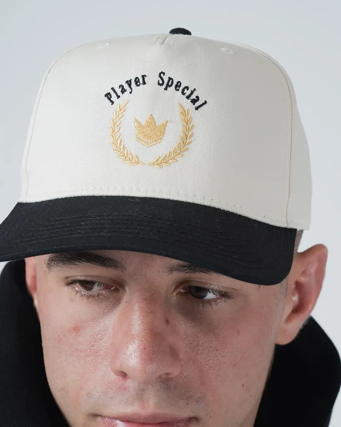 Kingz Player Special Snapback White - Close-Up Front View Embroidered Black Text Gold Crown Laurel Design Black Brim Two-Tone Style Casual Wear Hat [color:White]