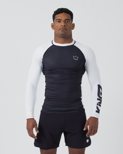 Kingz Ranked Performance V2 L/S Rashguard Navy White - Full Body Front View Male Athlete Long Sleeve Navy Blue Body White Raglan Sleeves White Crown Logo Chest KINGZ White Sleeve Text White Collar Matching Navy Shorts BJJ IBJJF [color:White]
