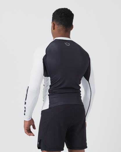Kingz Ranked Performance V2 L/S Rashguard Navy White - Full Body 3/4 Back View Male Athlete Long Sleeve Navy Body White Sleeve KINGZ Bold Text White Crown Logo Upper Back Navy Shorts BJJ Competition Performance [color:White]