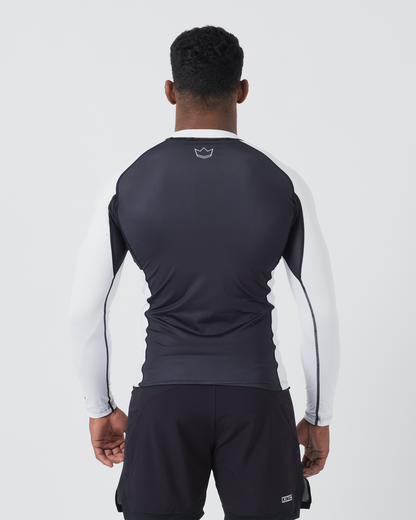 Kingz Ranked Performance V2 L/S Rashguard Navy White - Full Body Straight Back View Male Athlete Long Sleeve Navy Blue Body White Long Sleeves White Crown Logo Upper Back White Side Panels Matching Navy Shorts IBJJF BJJ [color:White]