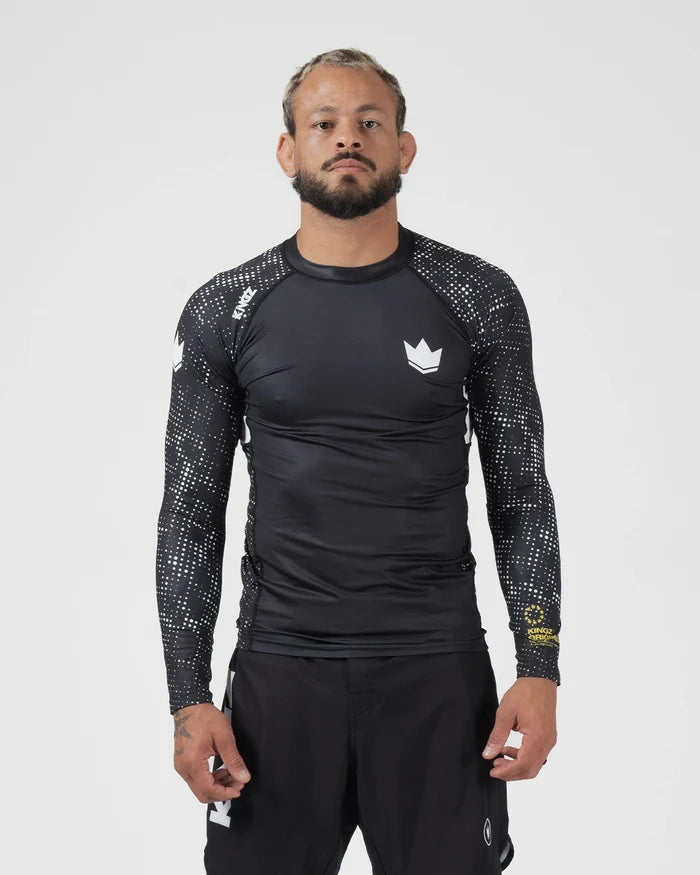 Kingz Ranked Performance V3 L/S Rashguard Black - Full Body Front View Male Athlete Long Sleeve Crown Logo Patterned Sleeves IBJJF Approved Compression Fit [color:Black]