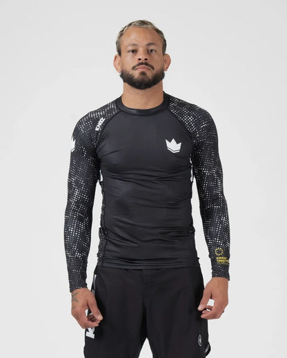 Kingz Ranked Performance V3 L/S Rashguard Black - Full Body Front View Male Athlete Long Sleeve Crown Logo Patterned Sleeves IBJJF Approved Compression Fit [color:Black]