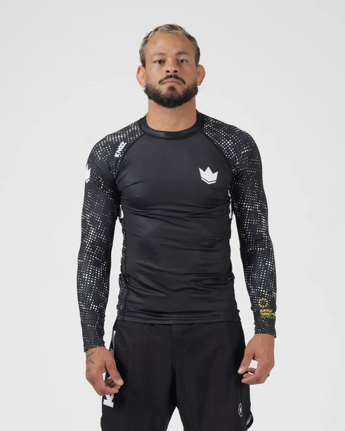 Kingz Ranked Performance V3 L/S Rashguard Black - Full Body Front View Male Athlete Long Sleeve Crown Logo Patterned Sleeves IBJJF Approved Compression Fit [color:Black]