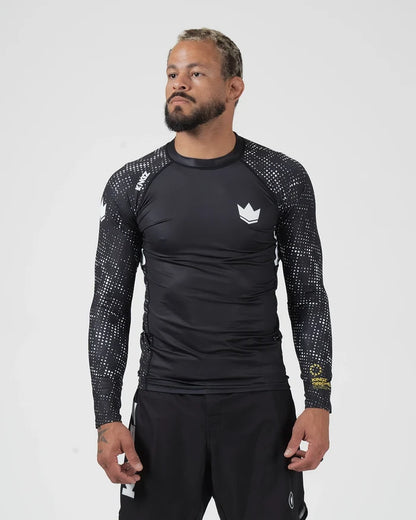 Kingz Ranked Performance V3 L/S Rashguard Black - Upper Body Front View Male Athlete Long Sleeve Crown Logo Patterned Sleeves KINGZ Performance Text Compression Fit [color:Black]