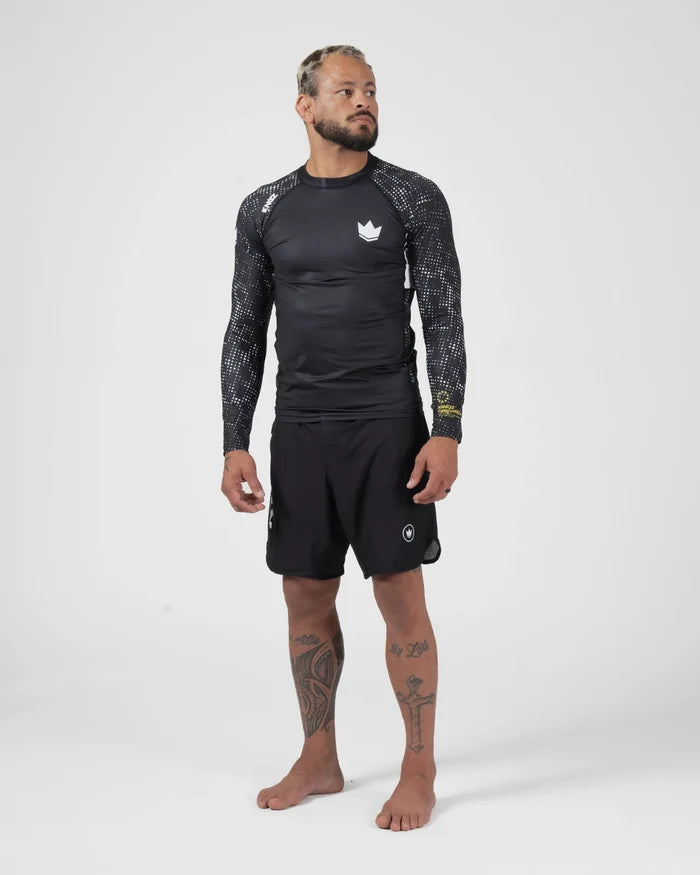 Kingz Ranked Performance V3 L/S Rashguard Black - Full Body Straight Front View Male Athlete Barefoot Long Sleeve Crown Logo Patterned Sleeves Black Shorts [color:Black]