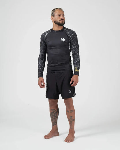 Kingz Ranked Performance V3 L/S Rashguard Black - Full Body Straight Front View Male Athlete Barefoot Long Sleeve Crown Logo Patterned Sleeves Black Shorts [color:Black]