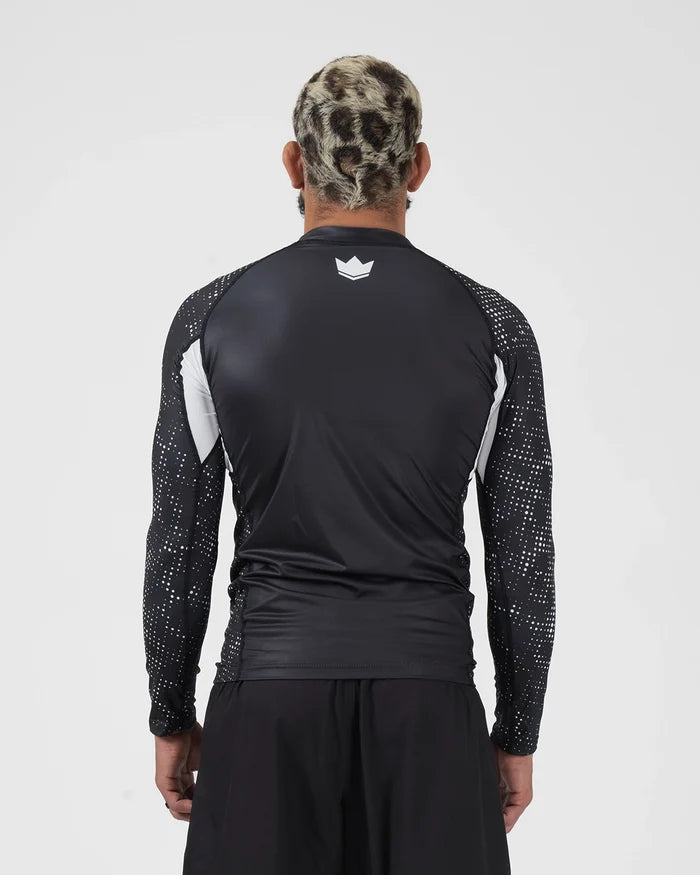 Kingz Ranked Performance V3 L/S Rashguard Black - Full Body Straight Back View Male Athlete Long Sleeve White Crown Logo Patterned Dot Sleeves White Arm Panels [color:Black]