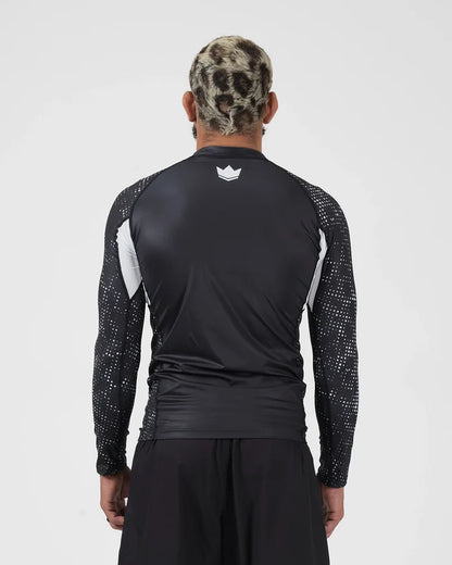 Kingz Ranked Performance V3 L/S Rashguard Black - Full Body Straight Back View Male Athlete Long Sleeve White Crown Logo Patterned Dot Sleeves White Arm Panels [color:Black]