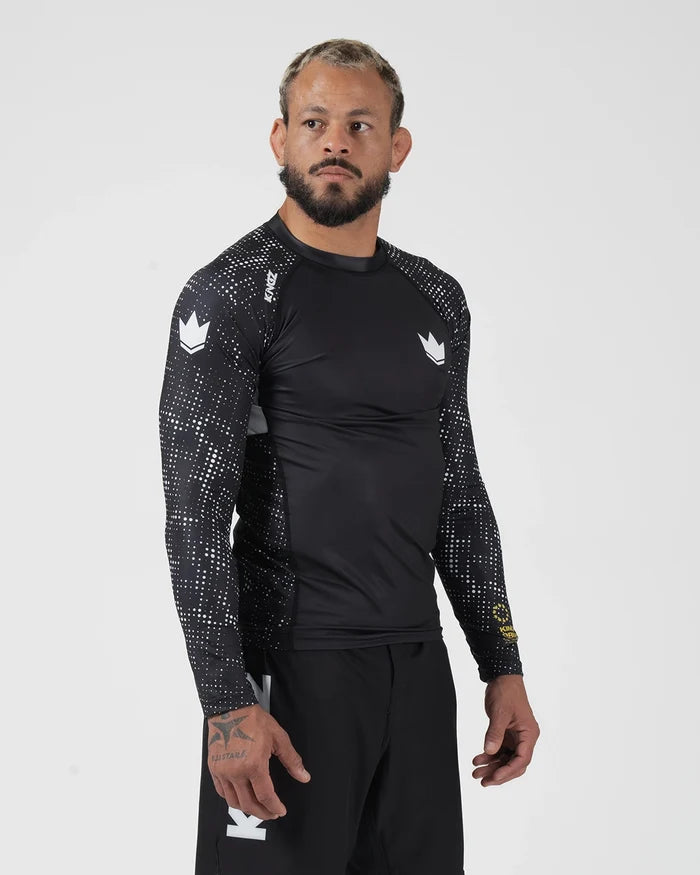 Kingz Ranked Performance V3 L/S Rashguard Black - Full Body Side Profile View Male Athlete Long Sleeve Compression Fit Patterned Sleeves IBJJF Approved Black Shorts [color:Black]