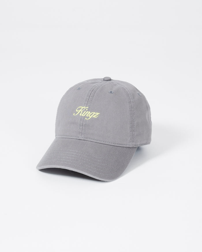 Kingz Script Dad Hat Grey - Angled Front View Embroidered Yellow Kingz Text Center Panel Curved Brim Classic Fit Casual Headwear BJJ Training Apparel [color:Grey]