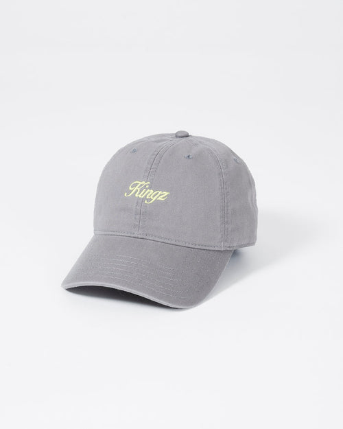 Kingz Script Dad Hat Grey - Angled Front View Embroidered Yellow Kingz Text Center Panel Curved Brim Classic Fit Casual Headwear BJJ Training Apparel [color:Grey]