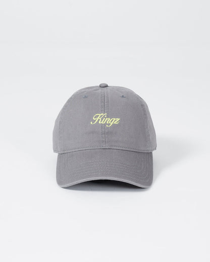 Kingz Script Dad Hat - Grey - Front View Embroidered Yellow Kingz Logo Centered Curved Brim Classic Fit Soft Cotton Fabric Casual Style BJJ Training Apparel [color:Grey]