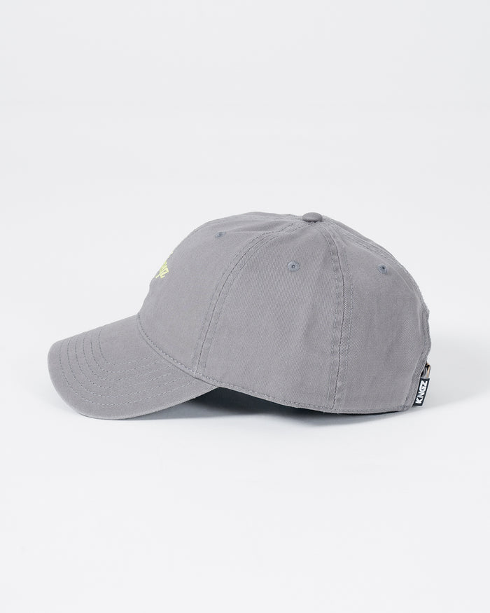 Kingz Script Dad Hat - Grey - Side View Grey Cotton Hat Embroidered Yellow Script Logo Ventilation Eyelets Curved Brim Black KINGZ Tag Casual Wear BJJ Training Apparel [color:Grey]