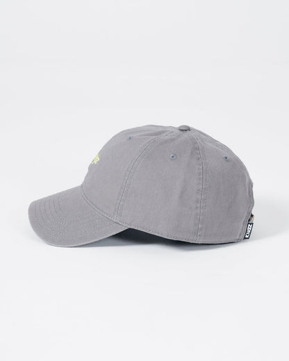 Kingz Script Dad Hat - Grey - Side View Grey Cotton Hat Embroidered Yellow Script Logo Ventilation Eyelets Curved Brim Black KINGZ Tag Casual Wear BJJ Training Apparel [color:Grey]