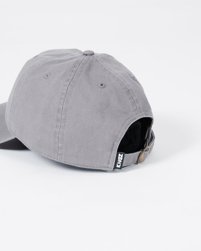 Kingz Script Dad Hat - Grey - Back Angle View Grey Cotton Hat Adjustable Strap KINGZ Tag Casual Fit BJJ Training Apparel [color:Grey]