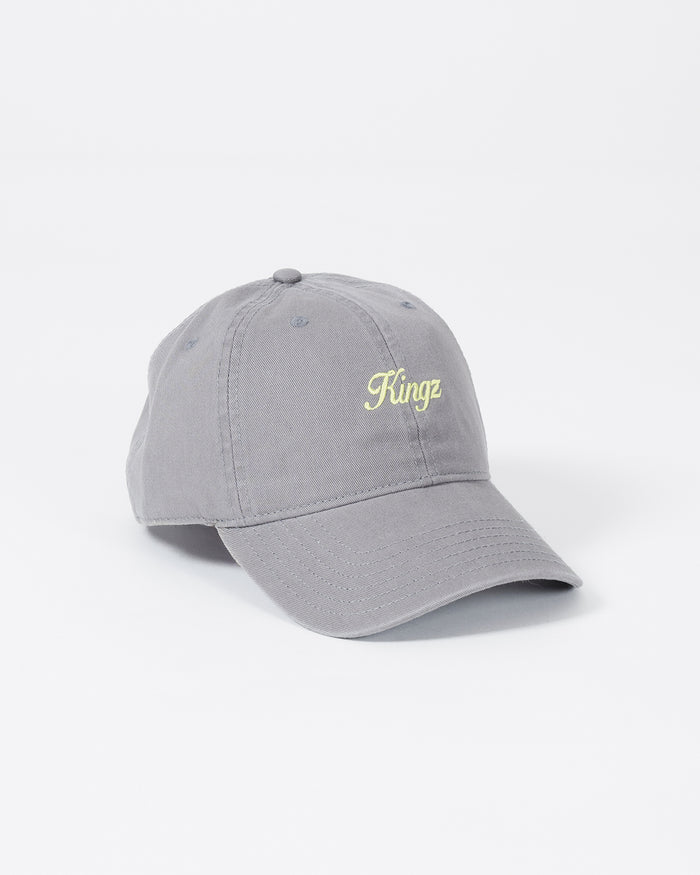 Kingz Script Dad Hat - Grey - Angled Front View Embroidered Kingz Text Curved Brim Soft Cotton Adjustable Strap Casual Wear Hat [color:Grey]
