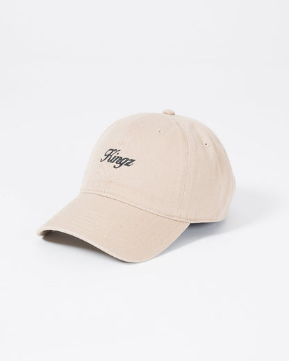 Kingz Script Dad Hat - Khaki - Angled View Embroidered Black Kingz Logo Front Panel Beige Cotton Classic Curved Brim Casual Fit BJJ Training Hat [color:Beige]