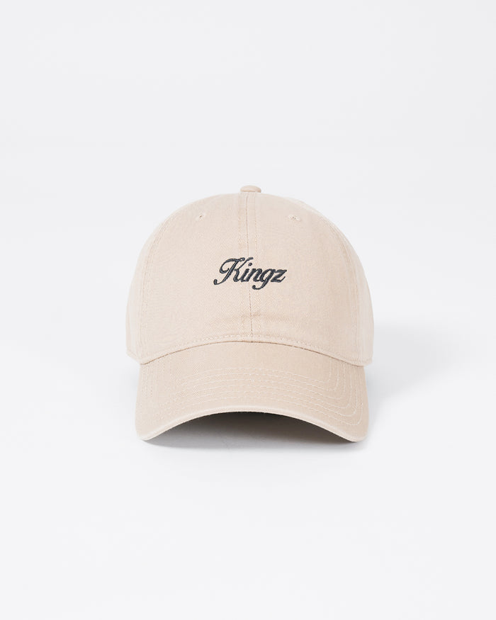 Kingz Script Dad Hat - Khaki - Front View Beige Hat Black Script Kingz Logo Curved Brim Classic Casual Design BJJ Training Apparel [color:Beige]