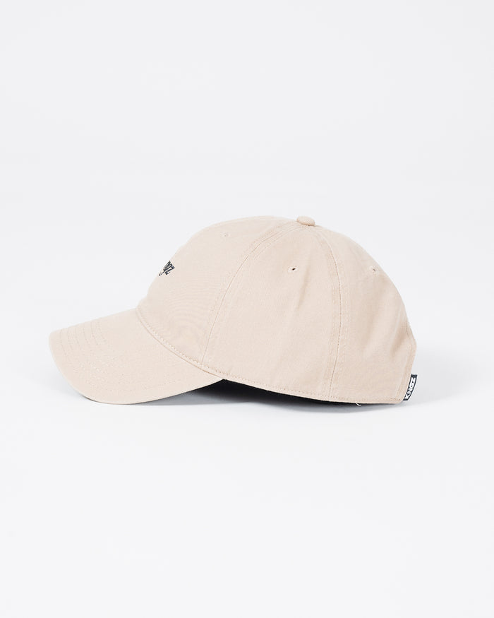 Kingz Script Dad Hat - Khaki - Side View Beige Cotton Curved Brim Black KINGZ Text Front Panel Adjustable Strap Back Casual Design BJJ Training Apparel [color:Beige]