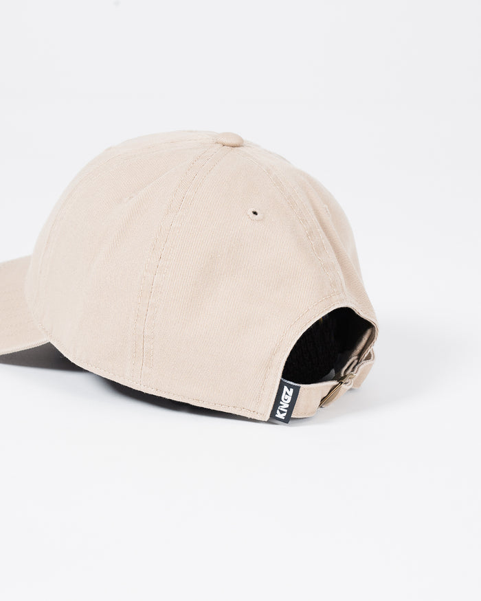 Kingz Script Dad Hat - Khaki - Back View Beige Hat Black KINGZ Tag Brass Buckle Adjustable Strap Casual Fit BJJ Training Apparel [color:Beige]