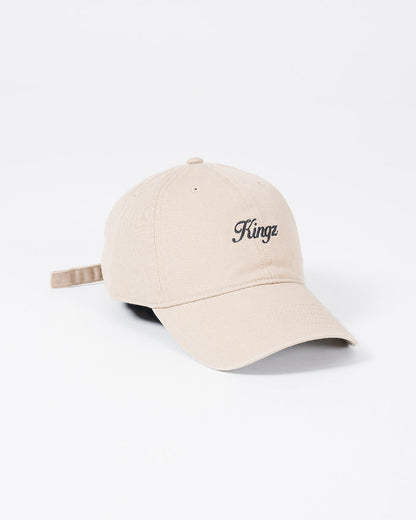 Kingz Script Dad Hat - Khaki - Angled Front View Beige Cotton Hat Black Script Logo Adjustable Strap Casual BJJ Training Apparel [color:Beige]