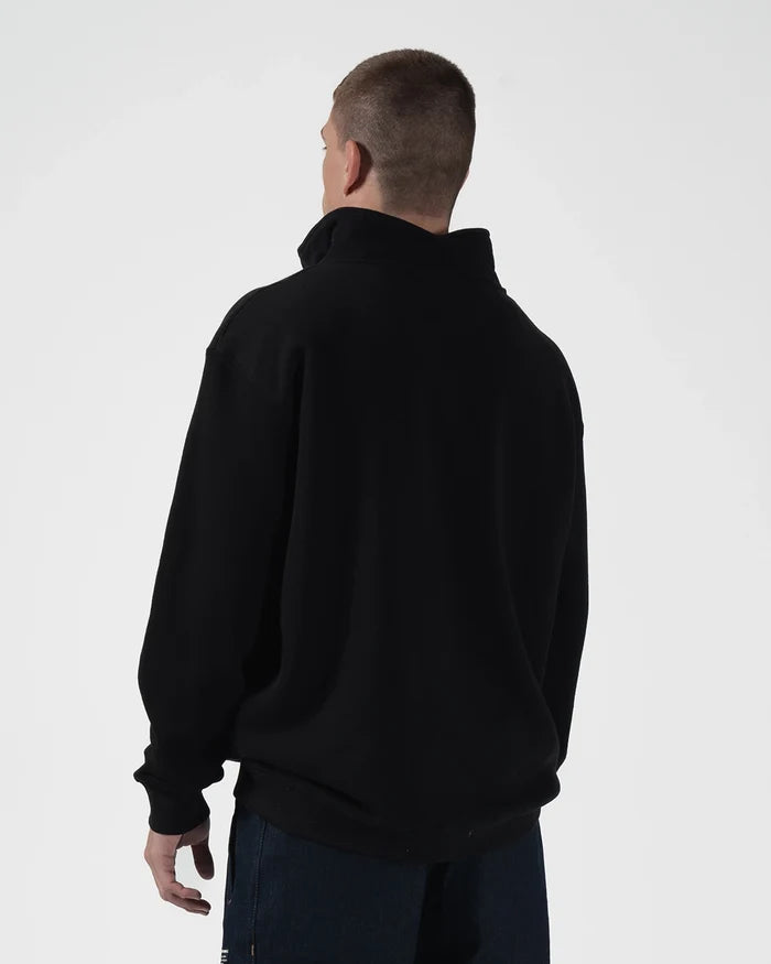 Kingz Script Quarter Zip Sweater Black - Back View Male Model Relaxed Fit High Collar Solid Black Design Casual Hoodie BJJ Training Apparel [color:Black]