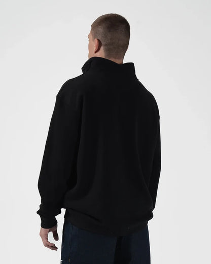 Kingz Script Quarter Zip Sweater Black - Back View Male Model Relaxed Fit High Collar Solid Black Design Casual Hoodie BJJ Training Apparel [color:Black]