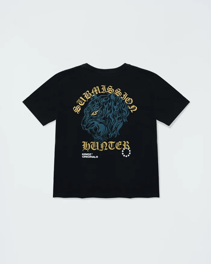 Kingz Submission Hunter Youth Tee - Front View - Tiger Hunter Bold Graphic - Black Youth BJJ Streetwear Tee [color:Black]