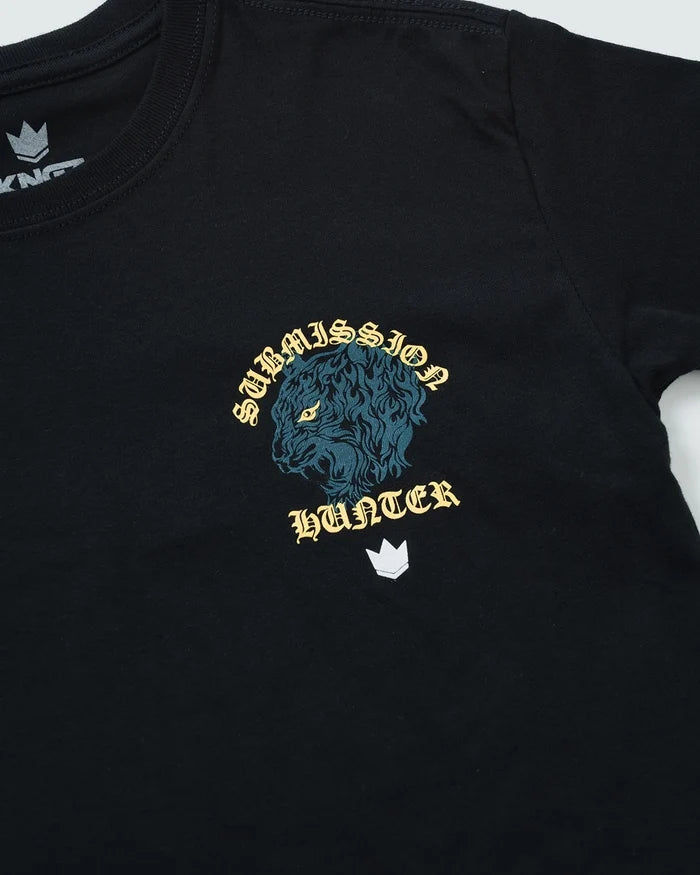 Kingz Submission Hunter Youth Tee - Detail Shot - Tiger Hunter Graphic Close-up - Black Youth BJJ Casual Tee [color:Black]