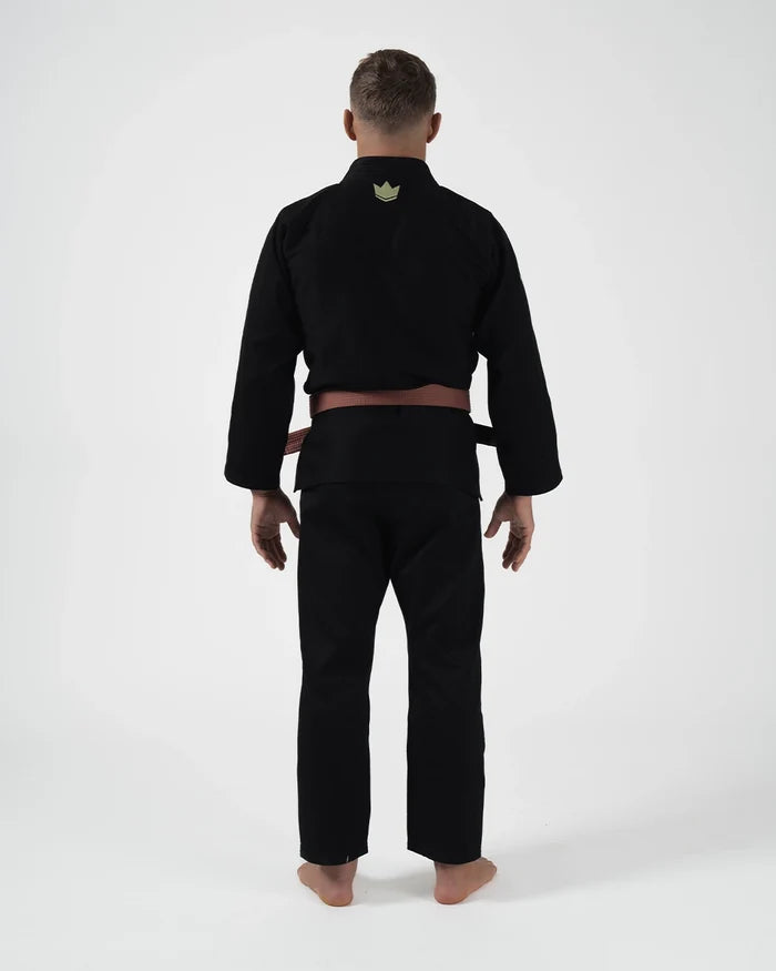 Kingz The ONE V2 LE BJJ Gi Black Green front full body view showing lapel collar and green accents