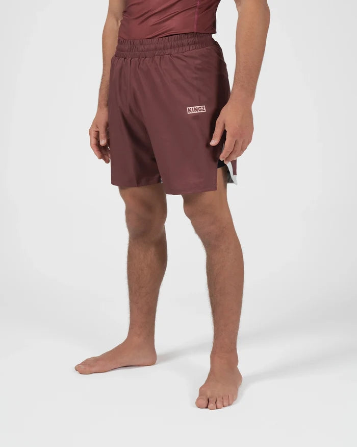 Kingz Trooper Shorts Maroon - Full Body Right Side Profile Male Athlete Maroon Burgundy KINGZ Badge Right Side Inner Compression Shorts Gray Trim Visible Competition Cut Men's Grappling Shorts No-Gi BJJ [color:Maroon]