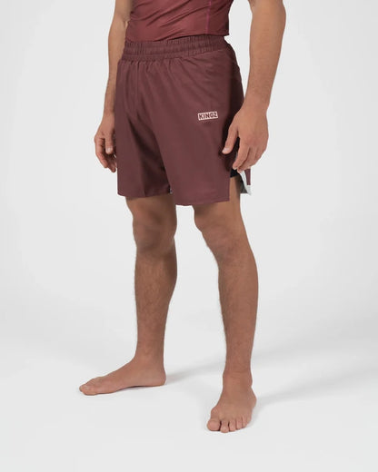 Kingz Trooper Shorts Maroon - Full Body Right Side Profile Male Athlete Maroon Burgundy KINGZ Badge Right Side Inner Compression Shorts Gray Trim Visible Competition Cut Men's Grappling Shorts No-Gi BJJ [color:Maroon]