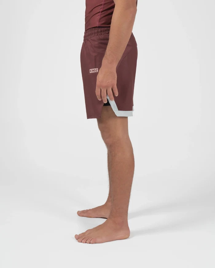 Kingz Trooper Shorts Maroon - Full Body Left-Back Side Profile Male Athlete Maroon Burgundy KINGZ Badge Side Inner Compression Shorts Gray Trim Competition Cut Men's Grappling Shorts No-Gi BJJ [color:Maroon]