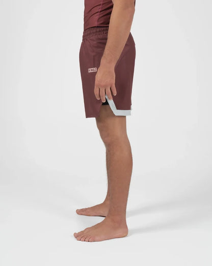 Kingz Trooper Shorts Maroon - Full Body Left-Back Side Profile Male Athlete Maroon Burgundy KINGZ Badge Side Inner Compression Shorts Gray Trim Competition Cut Men's Grappling Shorts No-Gi BJJ [color:Maroon]