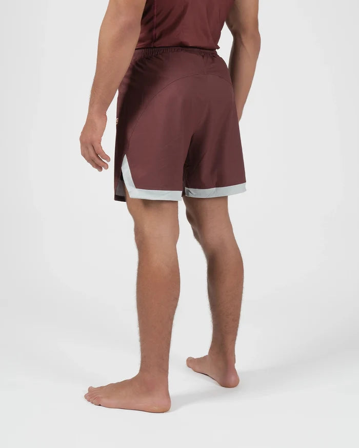 Kingz Trooper Shorts Maroon - Full Body Back View Male Athlete Maroon Burgundy Inner Compression Shorts Gray Hem Visible Side Split Men's Grappling Shorts No-Gi BJJ [color:Maroon]