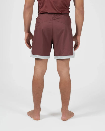 Kingz Trooper Shorts Maroon - Full Body Back View Straight Stance Male Athlete Maroon Burgundy Inner Compression Shorts Gray Hem Side Split Men's Grappling Shorts No-Gi BJJ [color:Maroon]