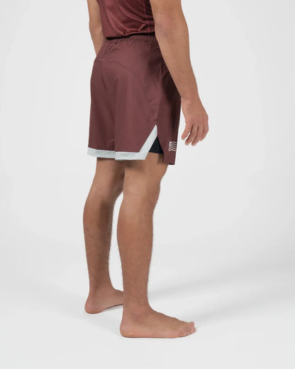 Kingz Trooper Shorts Maroon - Full Body Left Side Profile Male Athlete Maroon Burgundy Flag Badge Left Leg Inner Compression Shorts Gray Visible Side Split Men's Grappling Shorts No-Gi BJJ [color:Maroon]