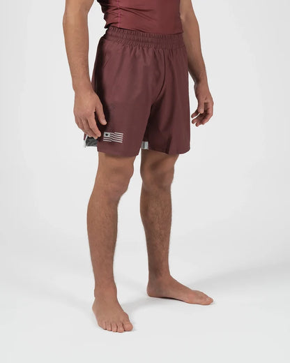 Kingz Trooper Shorts Maroon - Full Body Left Side Profile Alternate Stance Male Athlete Maroon Burgundy Flag Badge Left Leg Inner Compression Shorts Gray Visible Competition Cut Men's Grappling Shorts No-Gi BJJ [color:Maroon]