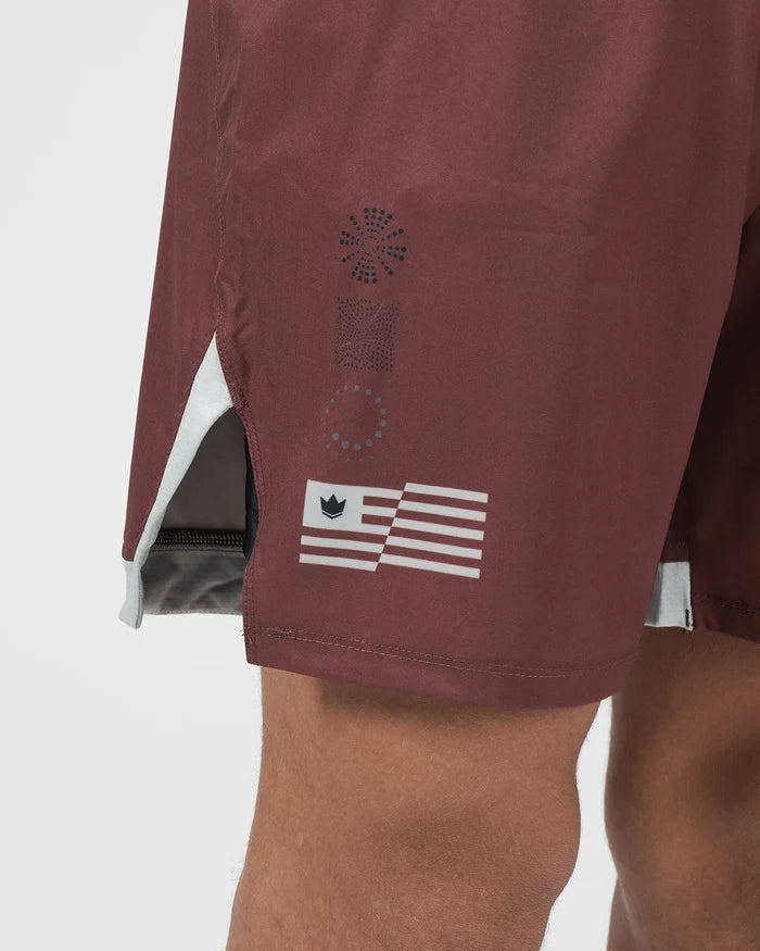 Kingz Trooper Shorts Maroon - Close Up Leg Detail Kingz Crown Flag Badge Left Leg Decorative Dot Leaf Pattern Inner Compression Shorts Gray Visible Side Split Maroon Burgundy Men's Grappling Shorts No-Gi BJJ [color:Maroon]