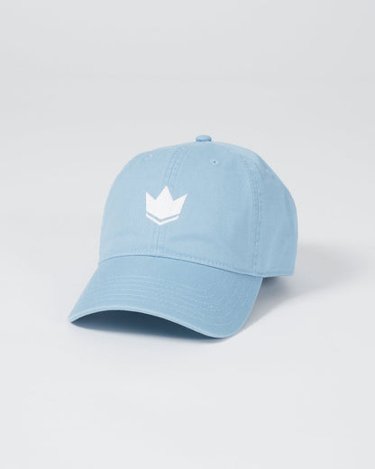 Kingz Kore Dad Hat Baby Blue - Angled Front View White Crown Logo Center Panel Soft Cotton Curved Brim Casual Fit Adjustable Strap Back BJJ Training Apparel [color:Baby Blue]