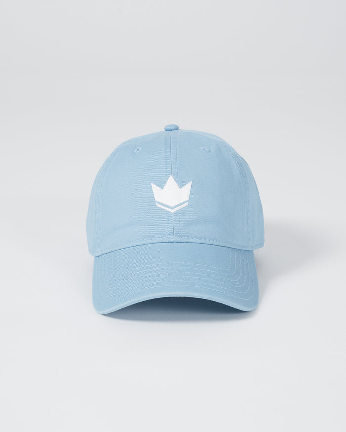 Kingz Kore Dad Hat Baby Blue - Front View White Crown Logo Centered Curved Brim Soft Cotton Casual Fit BJJ Training Apparel [color:Baby Blue]